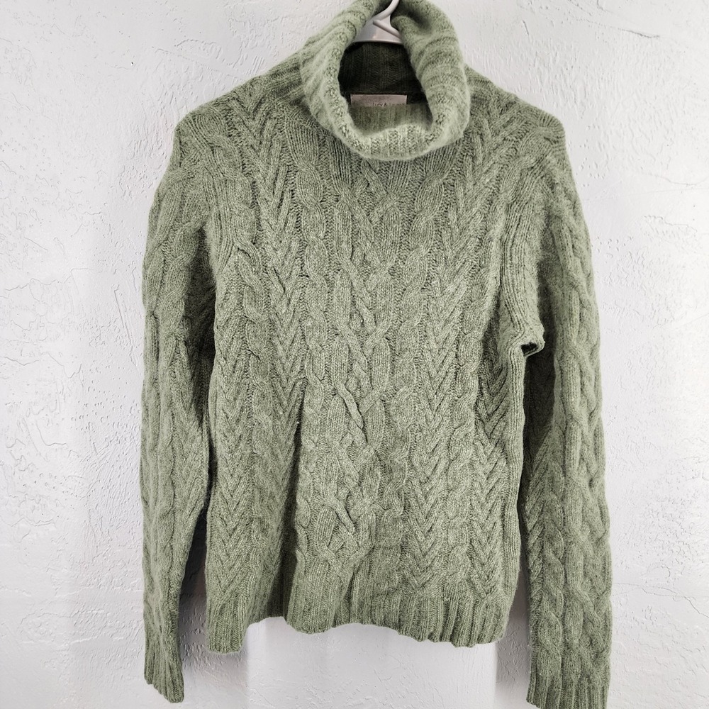 Lucy & Laurel Green Cable Knit Angora Wool Blend Turtleneck Sweater Womens L